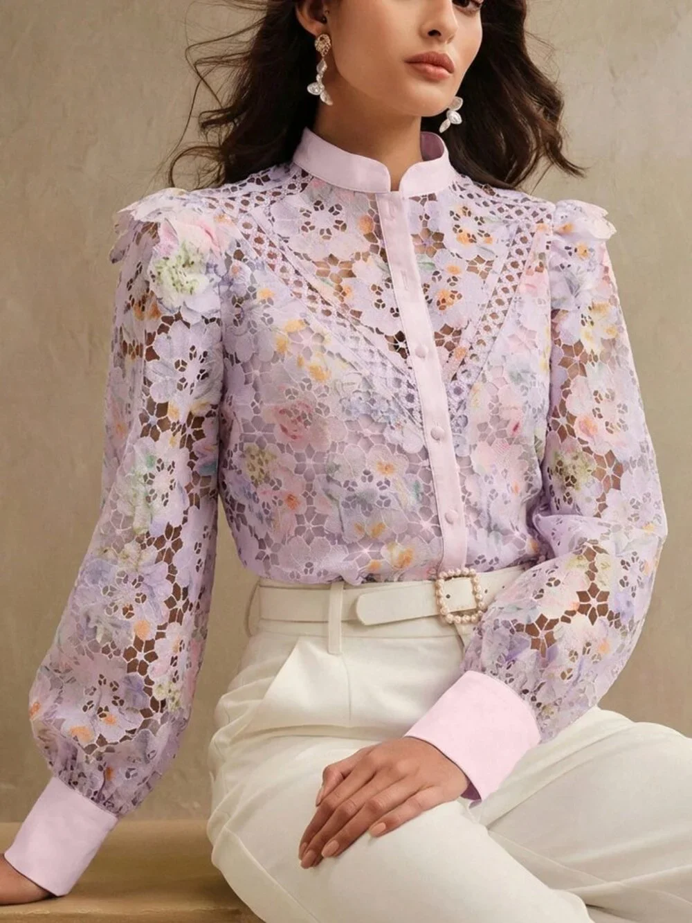 Purple Elegant Women's floral embroidered blouse - Picture 3 of 7